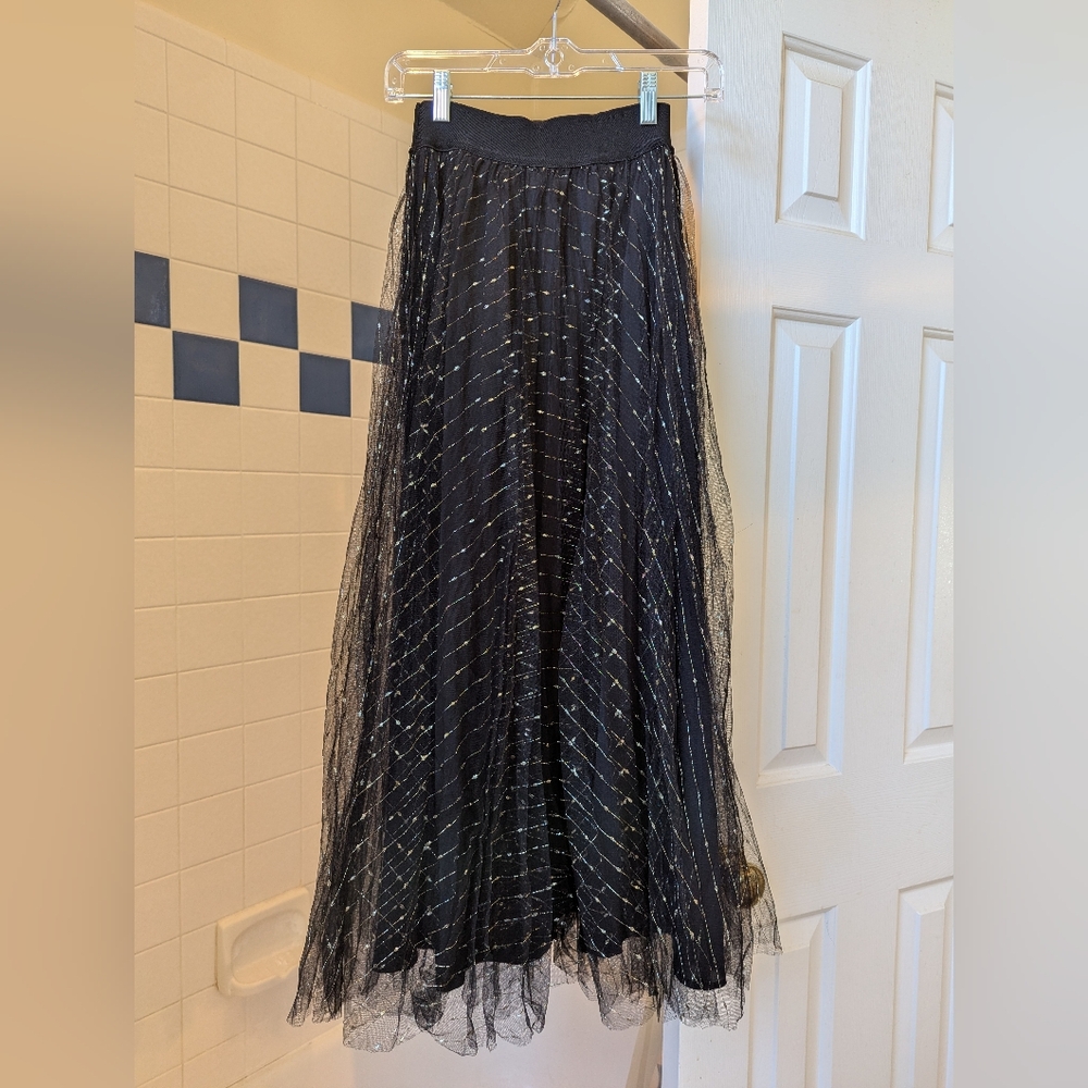 Black Mesh Tulle Overlay Lined Skirt Gold Metallic striped pattern One Size